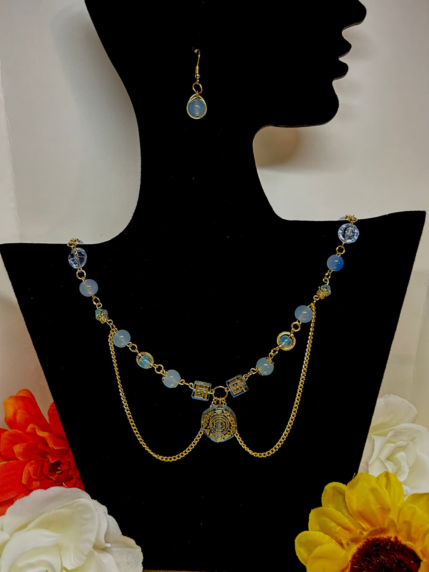 Pastel Blue and Gold Cluster Necklace-Earring Jewelry Set